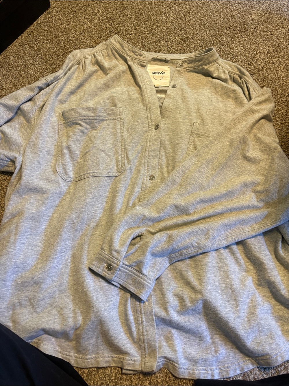 aerie women Light Heather Gray Casual Button-Down Shirt gathered poet tshirt